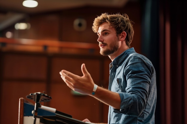 Professional speechwriter from Wolfox Global Publishing crafting a keynote speech on laptop, with audience applause in background