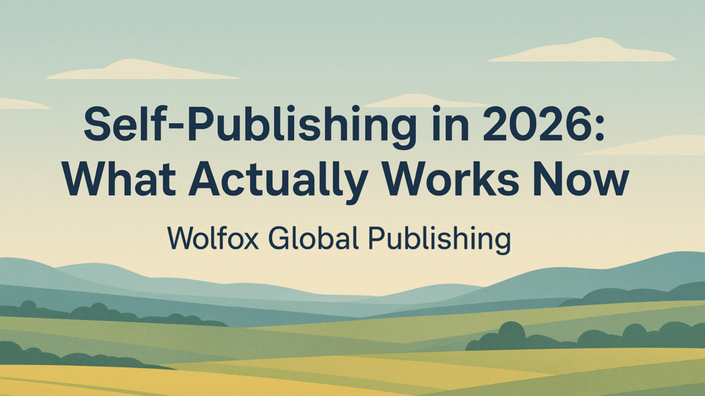 HD landscape banner with soft rolling hills and a pastel sky, featuring the title ‘Self-Publishing in 2026: What Actually Works Now’ and the subtitle ‘Wolfox Global Publishing’ in bold navy text.