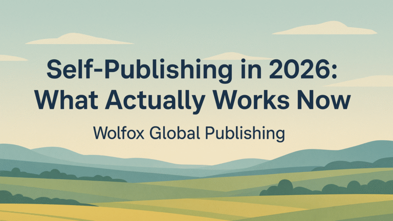 HD landscape banner with soft rolling hills and a pastel sky, featuring the title ‘Self-Publishing in 2026: What Actually Works Now’ and the subtitle ‘Wolfox Global Publishing’ in bold navy text.